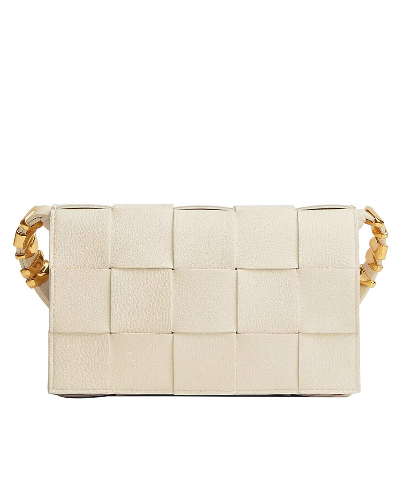 Bottega Veneta Cassette Intreccio Leather Cross Body Bag Cream